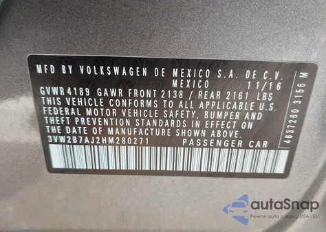 2017 Volkswagen Jetta 1.4T S z USA, uszkodzony, nr VIN 3VW2B7AJ2HM280271